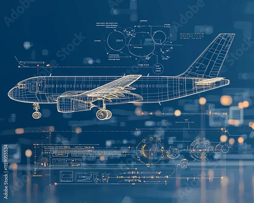 Blueprint of an aircraft on digital backdrop.