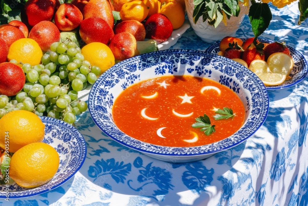 A Ramadan-themed dinner table with crescent and star decorations, bowls of soup, and colorful fruit platters