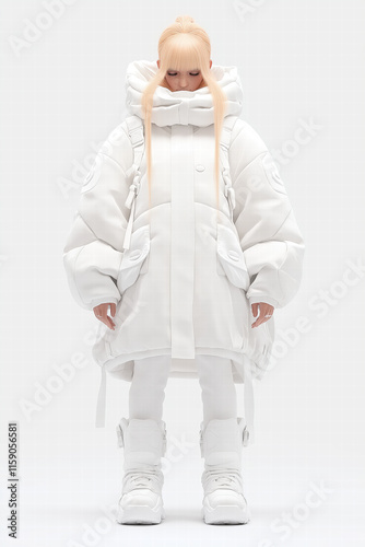 Woman in oversized white winter coat and boots, futuristic fashion