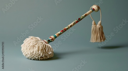 A charming and whimsical mop design with a decorative, curved handle and a fluffy, pom-pom head