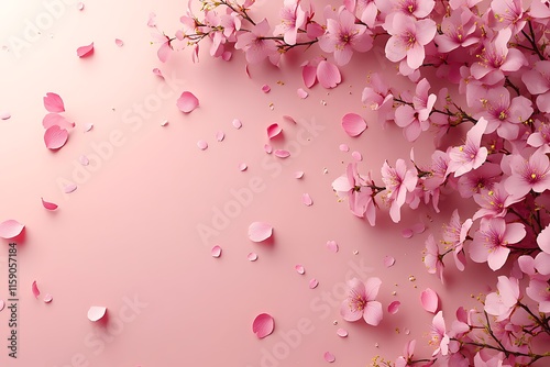 Delicate Pink Blossoms and Petals Scattered on Pink Background