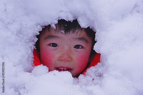 A child peeking out from an igloo entrance, bundled in winter clothes, with their breath visible in the icy air