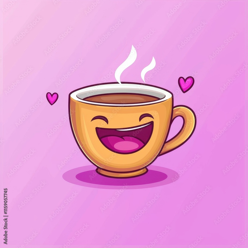 A cute cartoon vector of a steaming cup of coffee with a winking face, radiating warmth and coziness, surrounded by faint heart shapes on a light pastel gradient background. 
