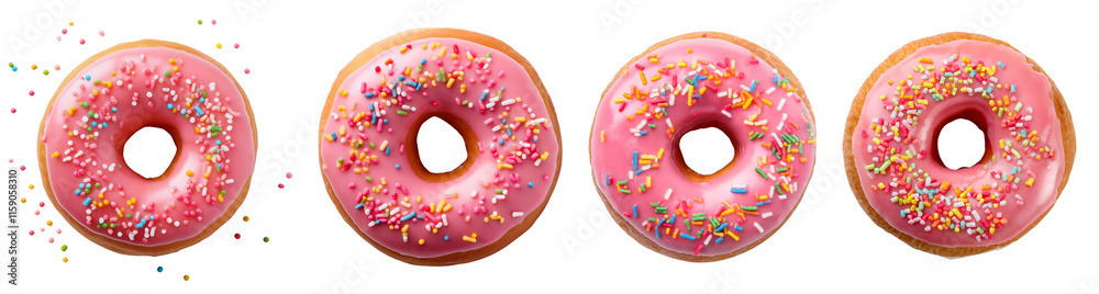 Delicious pink frosted donuts with colorful sprinkles arranged in a row. Delicious pink frosted donuts with colorful sprinkles arranged in a row.
