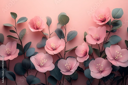 Delicate Pink Blossoms and Eucalyptus Leaves Arranged Artfully