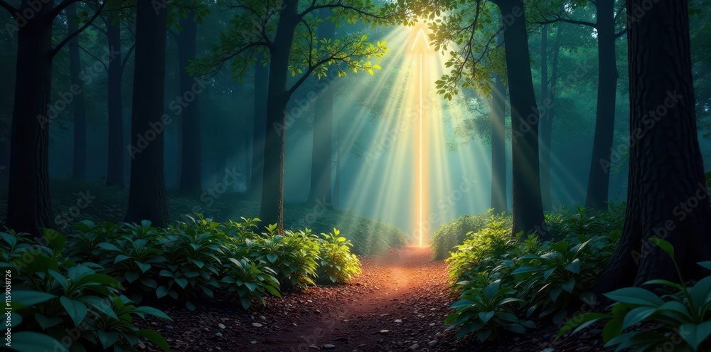 Naklejka premium Arrow of light illuminates path through forest darkness, mystical, forest