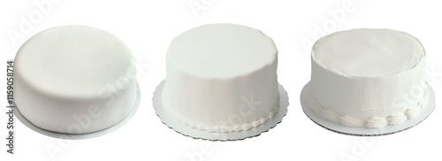 Set of isolated mockup of three white plain cake placing on a cake paper board on a transparent background.