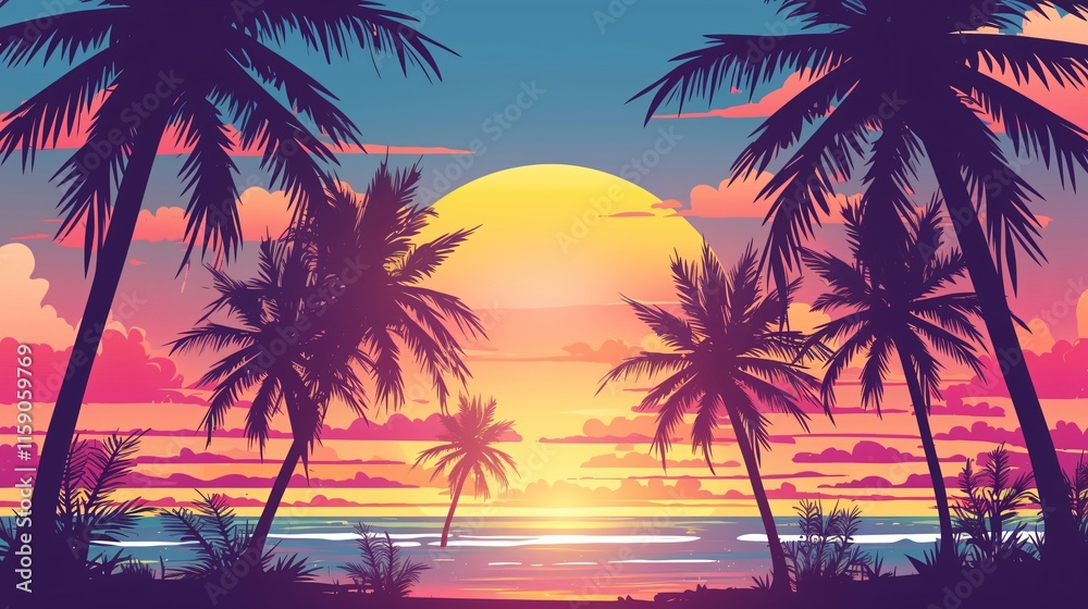 Fototapeta premium Tropical Palm Tree Sunset Typography Slogan Illustration