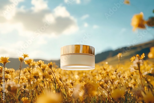 A white skincare product is floating in the air, surrounded by yellow and purple flowers photo