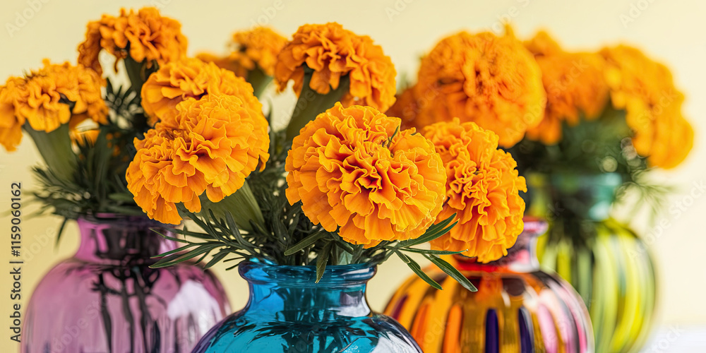 Obraz premium Vibrant Orange Marigolds in Colorful Glass Vases