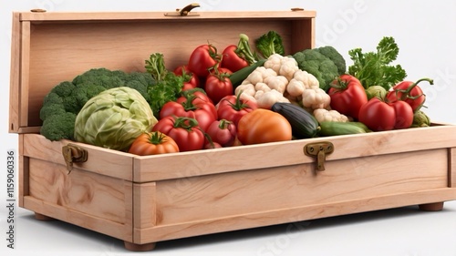 Vegetables in a wooden box isolated on a transparent or white PNG background