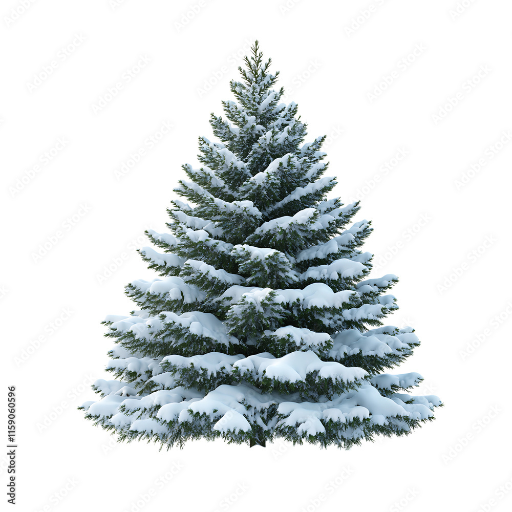 Fototapeta premium Snow-covered evergreen Christmas tree, winter holiday festive season png isolated on transparent background