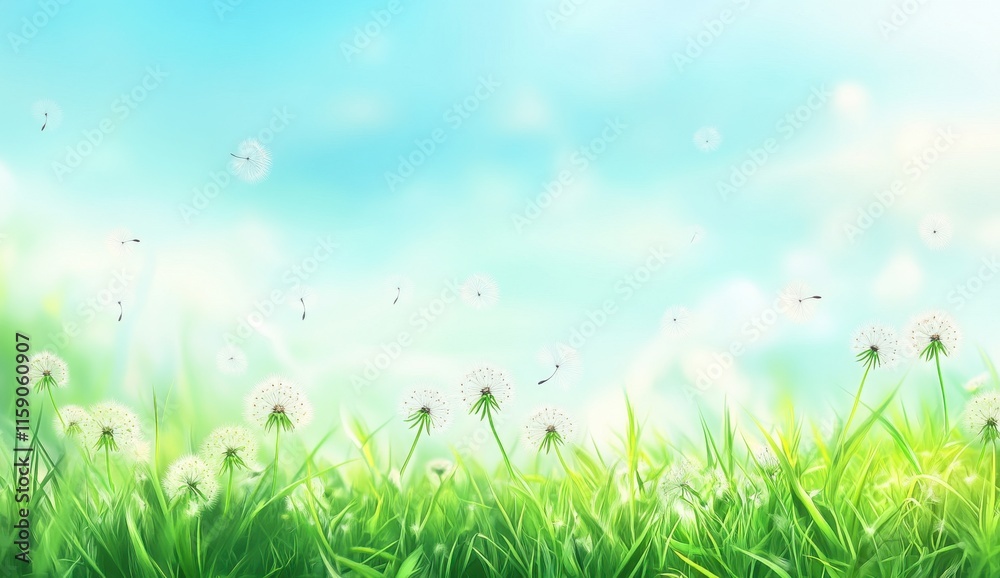 Dreamy Meadow Scene with Delicate Dandelion Fluff Floating in Gentle Breeze against a Soft Blue Sky and Vibrant Green Grass Dreamy Meadow Scene with Delicate Dandelion Fluff Floating in Gentle Breeze against a Soft Blue Sky and Vibrant Green Grass