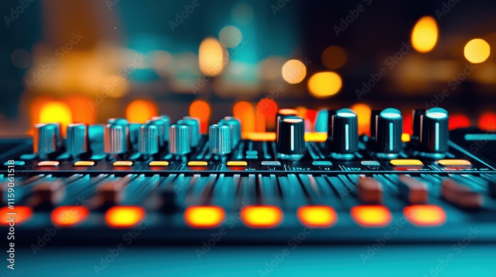 Fototapeta premium Close-up of a music mixer with colorful lights and controls in a studio setting.