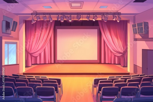 Empty School Auditorium Stage with Pink Curtains