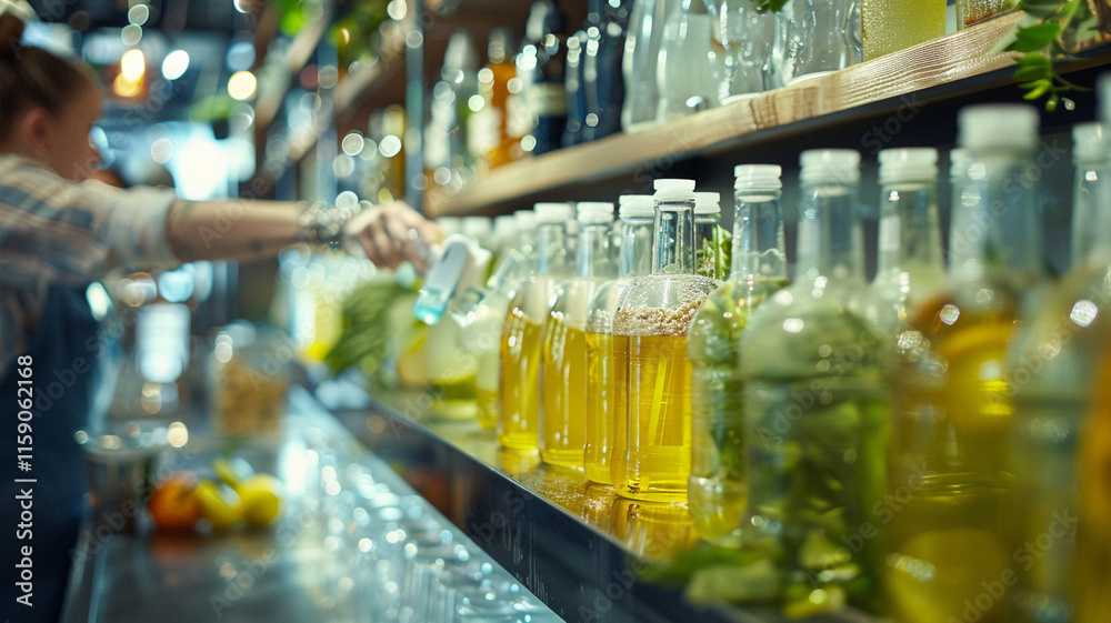 A refill station where customers refill glass bottles with eco-conscious cleaning solutions, reducing single-use plastic waste. A refill station where customers refill glass bottles with eco-conscious cleaning solutions, reducing single-use plastic waste.