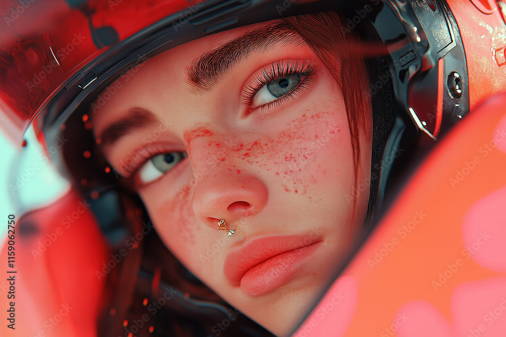 Close-up of a woman with a helmet, freckles, and a nose piercing Close-up of a woman with a helmet, freckles, and a nose piercing