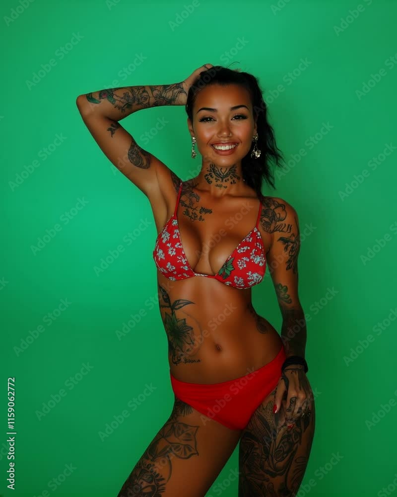 Young and sexy girl in red bikini isolated on green background standing. Tattooed and tanned petite body.