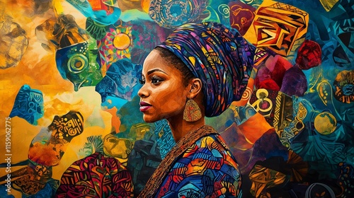 Black history month artwork celebrating African heritage and culture, featuring an African American woman in vibrant traditional attire and headwrap, surrounded by colorful abstract patterns photo