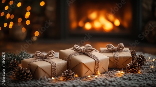 Festive Christmas scene with wrapped gifts and fireplace