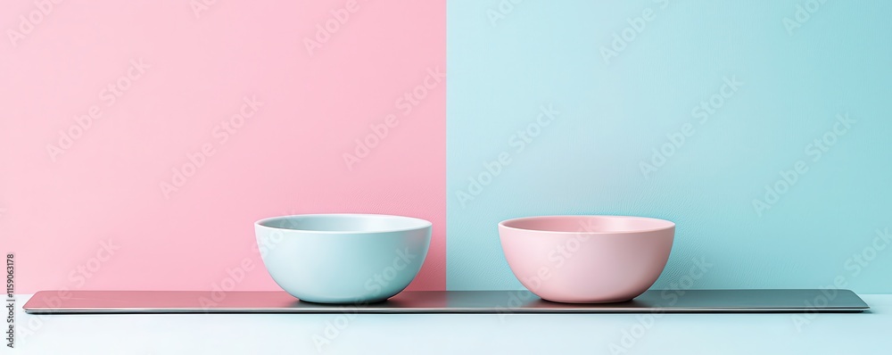 Two minimalist bowls on a contrasting pastel background, one pink and one blue, creating a stylish and modern aesthetic. Two minimalist bowls on a contrasting pastel background, one pink and one blue, creating a stylish and modern aesthetic.
