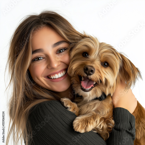 Happy young woman hugging her adorable puppy dog with love and care