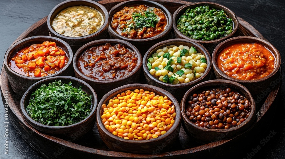 Vibrant Traditional Ethiopian Platter with Injera - 2D Flat Illustration of Colorful Lentils, Vegetables, and Meat Stews Vibrant Traditional Ethiopian Platter with Injera - 2D Flat Illustration of Colorful Lentils, Vegetables, and Meat Stews