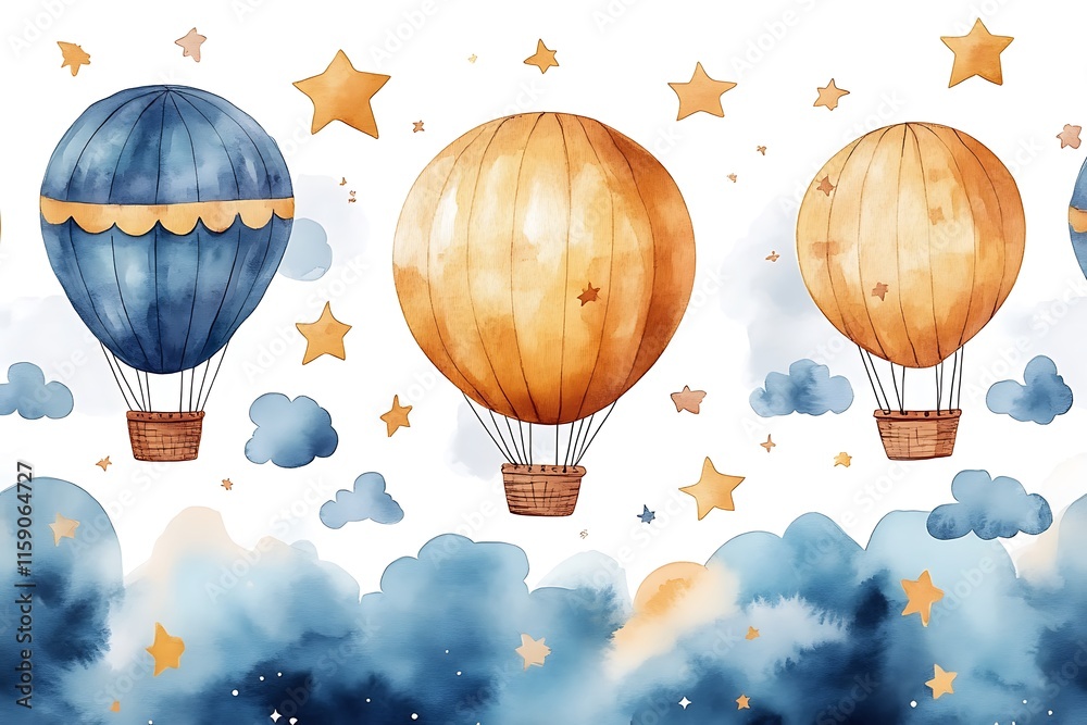 Obraz premium Watercolor Hot Air Balloons in a Dreamy Sky, Perfect for Nursery Decor