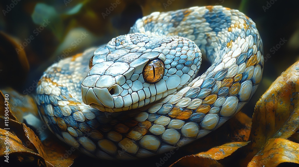 A Coiled Blue And Gold Snake Rests On Autumn Leaves