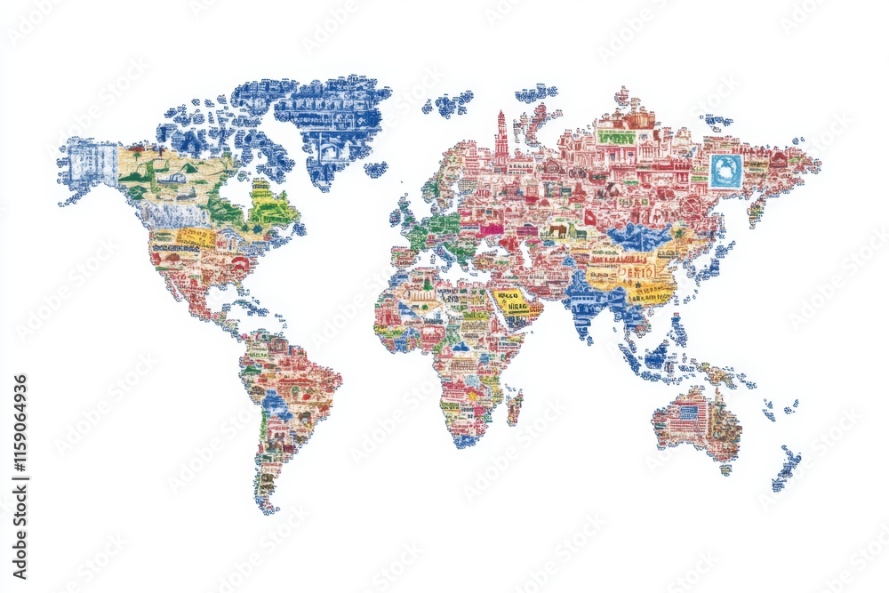 Fototapeta premium A flat 2D design of a passport surrounded by stamps, representing global identity and travel freedom