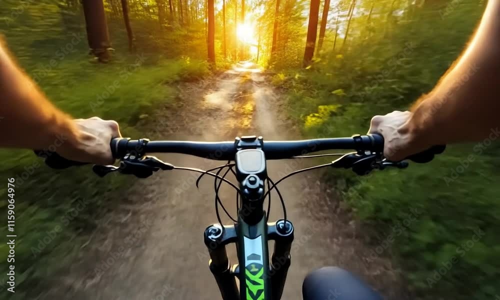 Mountain Biking Adventure: First-person perspective of a thrilling mountain bike ride through a sun-drenched forest. The handlebars, the dusty trail. Mountain Biking Adventure: First-person perspective of a thrilling mountain bike ride through a sun-drenched forest. The handlebars, the dusty trail.