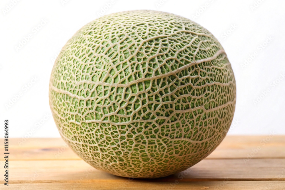 Single whole green cantaloupe melon on wooden surface. Single whole green cantaloupe melon on wooden surface.