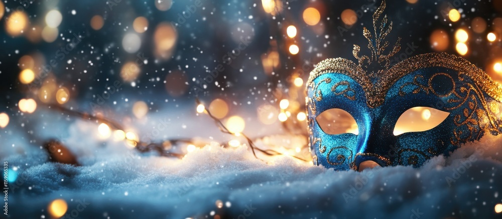 Elegant Blue Mask Resting on Snowy Ground Surrounded by Twinkling Lights and Soft Snowflakes in a Magical Winter Wonderland Setting Elegant Blue Mask Resting on Snowy Ground Surrounded by Twinkling Lights and Soft Snowflakes in a Magical Winter Wonderland Setting