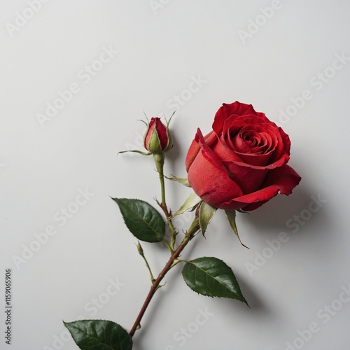 A fully bloomed red rose surrounded by tiny white buds on a blank white background.