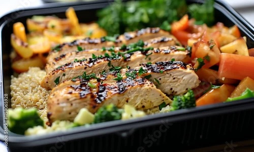 Grilled Chicken and Quinoa Bowl: A close-up view of a delicious and healthy meal, featuring grilled chicken, quinoa, broccoli, and peppers. Perfect for lunch, dinner, or meal prep.