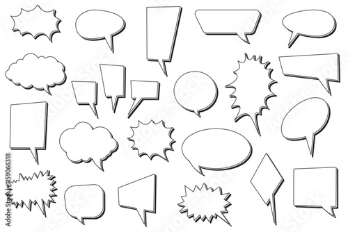 Flat simple cartoon empty retro comic style speech bubbles set with editable stroke. Hand drawn pop art, vintage speech clouds, thinking bubbles, and conversation text elements. Vector illustration