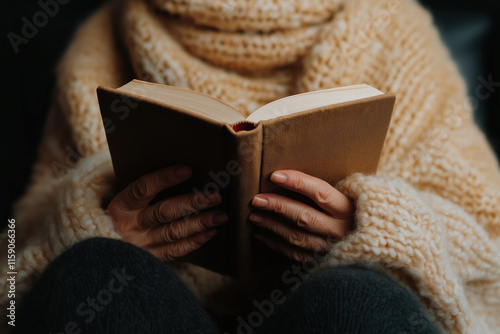 Person reading a book while wearing a cozy sweater