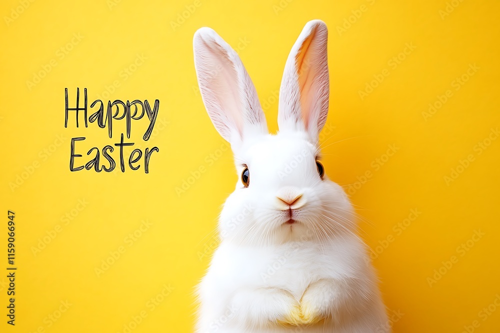 Cute white rabbit with long ears on a yellow background, text Happy Easter Cute white rabbit with long ears on a yellow background, text Happy Easter