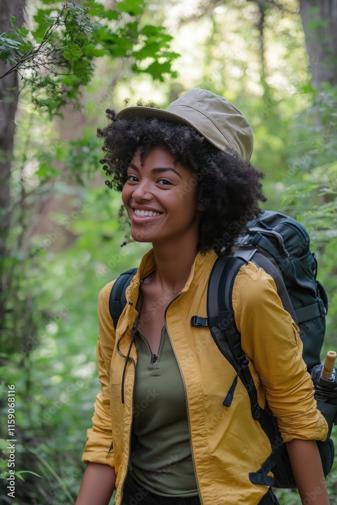 A smiling hiker enjoys her adventure in a lush green forest. A smiling hiker enjoys her adventure in a lush green forest.