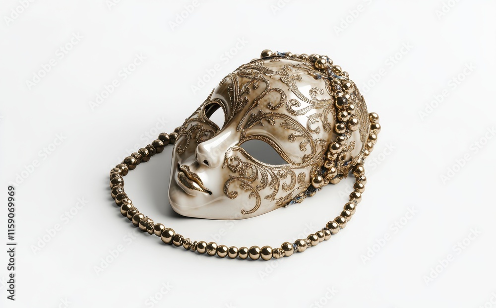 Elegant Golden Mask with Intricate Design, Embellished with Pearls and Beads, Isolated on a Soft White Background for Festive Occasions and Artistic Themes Elegant Golden Mask with Intricate Design, Embellished with Pearls and Beads, Isolated on a Soft White Background for Festive Occasions and Artistic Themes