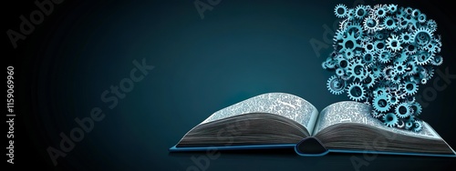 Mechanical Gears Rising From Open Book Symbolizing Creativity And Technology