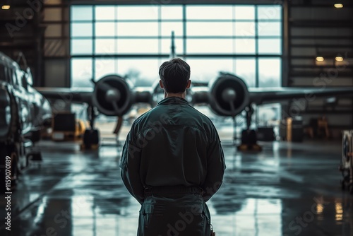 Man in uniform stands before a vintage aircraft in a hangar. Image depicts aviation maintenance, repair, or history. photo