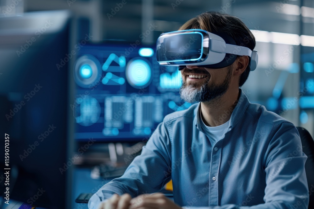 A man wears VR goggles, smiling as he engages with virtual reality technology in a modern, tech-focused environment.