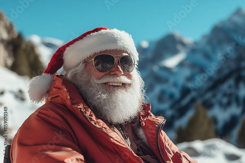 Santa Claus standing in a snowy landscape with warm sunlight. Santa is kindly smiling and wearing sunglasses. AI generated