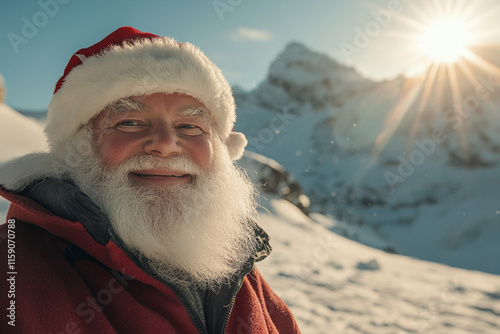 Santa Claus in a snowy landscape kindly smiling under the warm sunlight.  AI generated