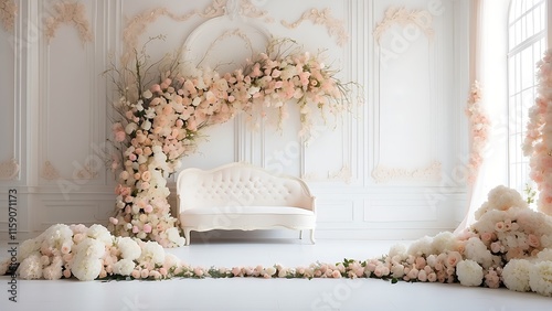 Photography backdrops with delicate flowers and white walls, wedding backdrops, and maternity backdrops