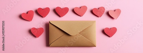 Brown Envelope Surrounded by Scattered Red Hearts on Pink Background