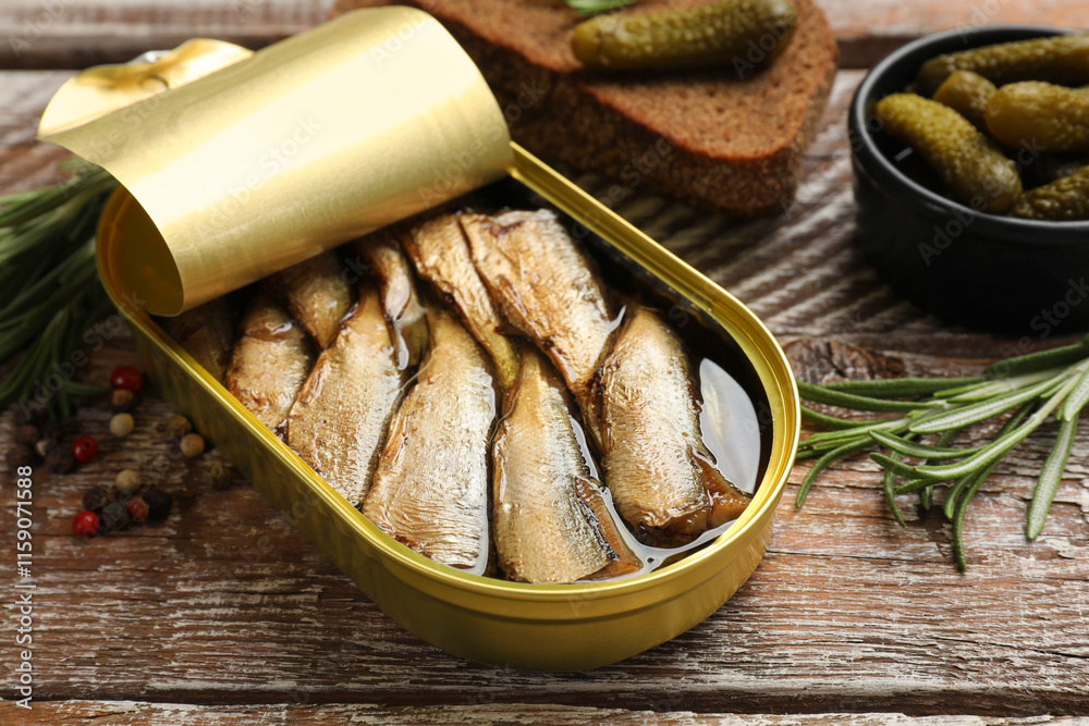 Tasty sprats in tin can served on wooden table, closeup Tasty sprats in tin can served on wooden table, closeup