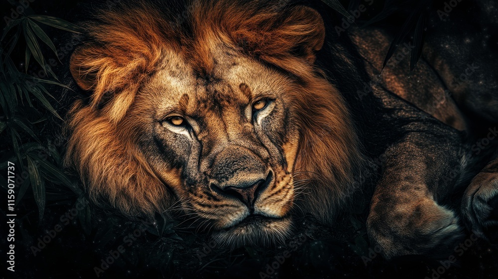 Fototapeta premium Majestic Lion in Jungle with High Contrast Textures