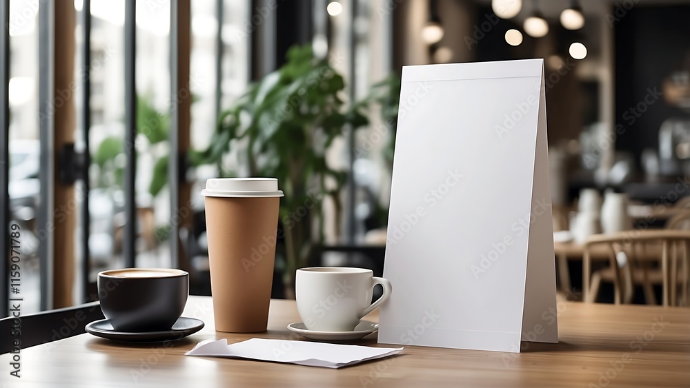 The front of the coffee shop or restaurant displays a mockup white paper or white sticker poster with promotional material for details and marketing announcements. The front of the coffee shop or restaurant displays a mockup white paper or white sticker poster with promotional material for details and marketing announcements.